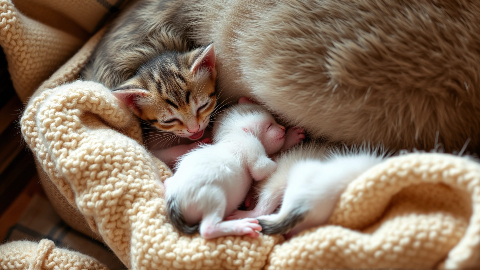 Newborn kittens nursing from their mother in a cozy blanket-lined box, warm lighting