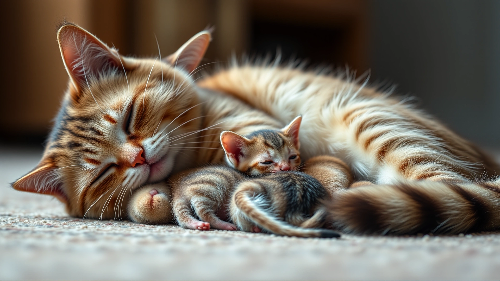 Mother cat comfortably lying while three tiny kittens are nursing, cozy indoor setting, shallow depth of field, no text