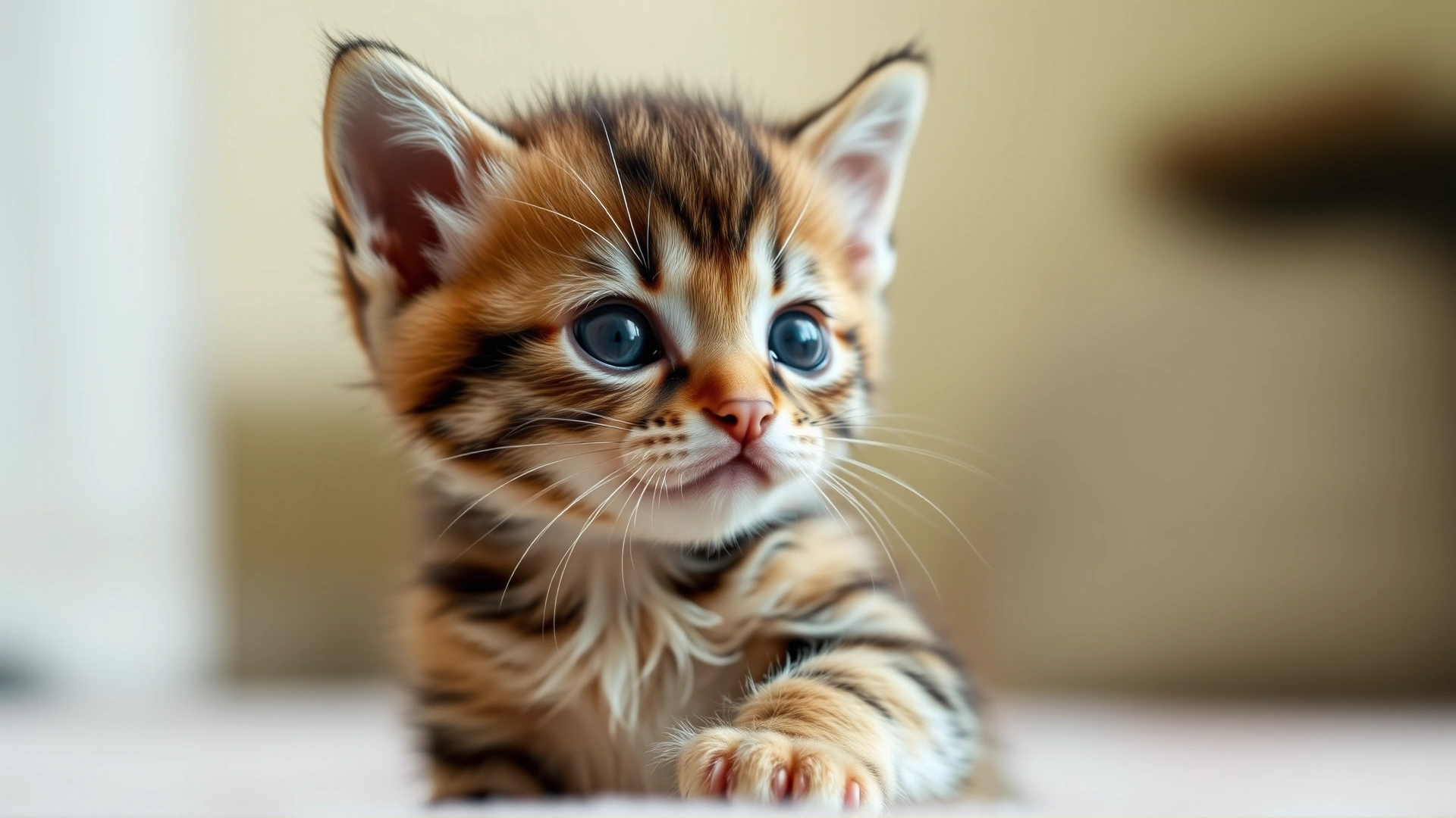 A 10-day-old kitten sitting upright with one eye partially open, captured in gentle indoor lighting.