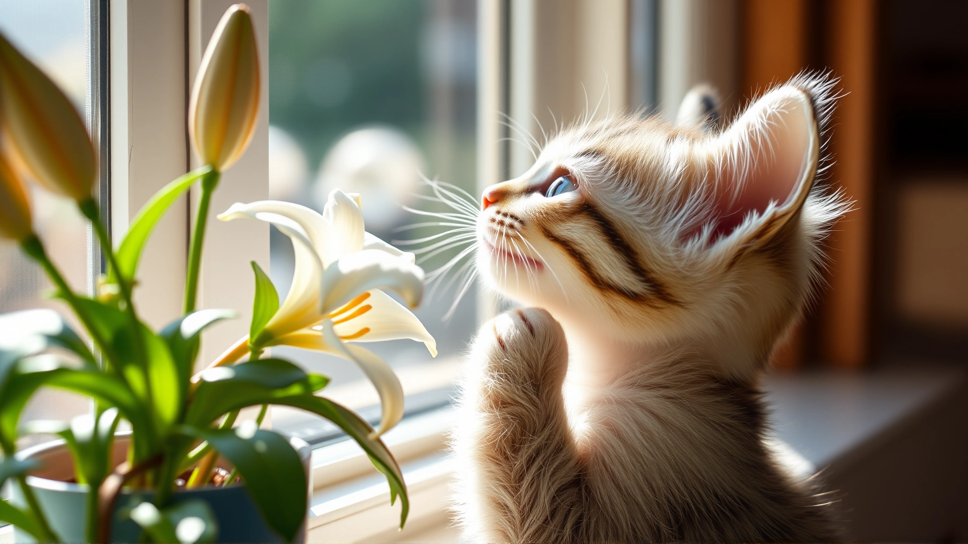 Curious kitten reaching up to sniff a potted lily on a windowsill, bright daylight, focus on kitten and plant