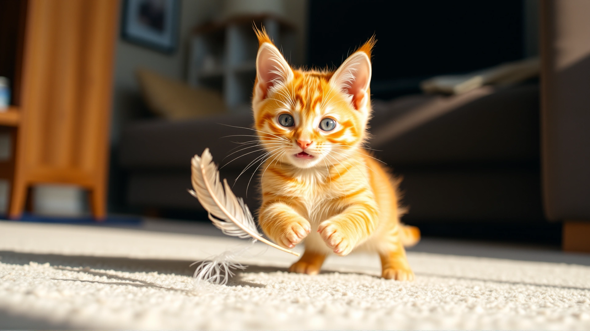 Playful orange kitten chasing a feather toy on a soft carpet, captured in natural daylight, living room setting.