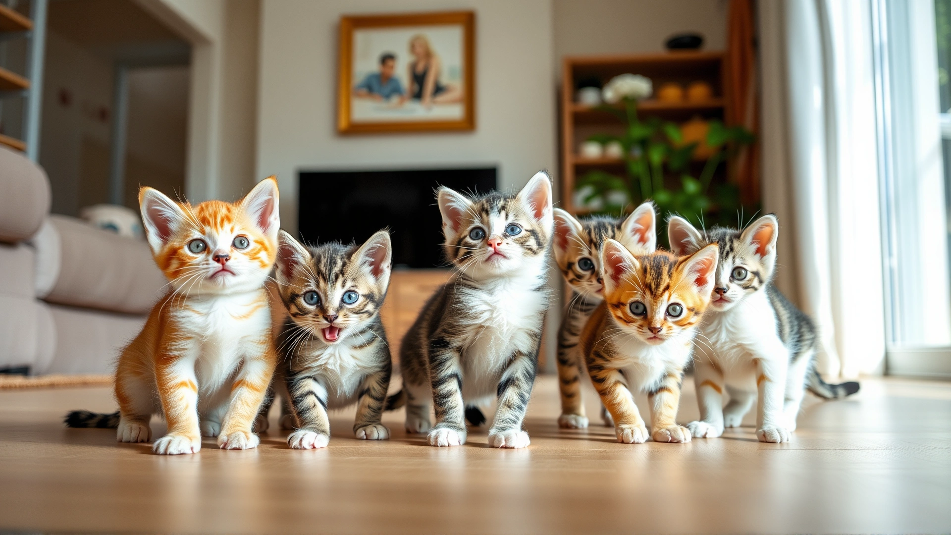 Group of playful kittens in a clean living room environment, symbolizing healthy pets after successful ringworm treatment.