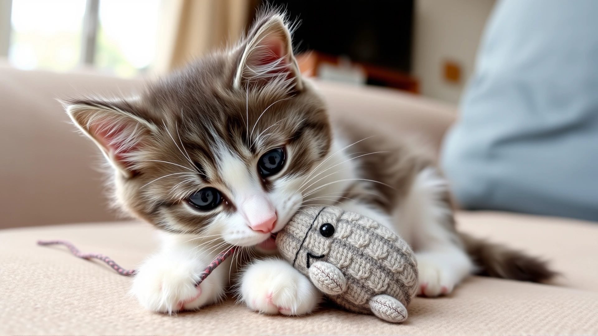 Playful gray and white kitten on a sofa gently gnawing on a plush mouse toy, soft indoor lighting, cozy home environment