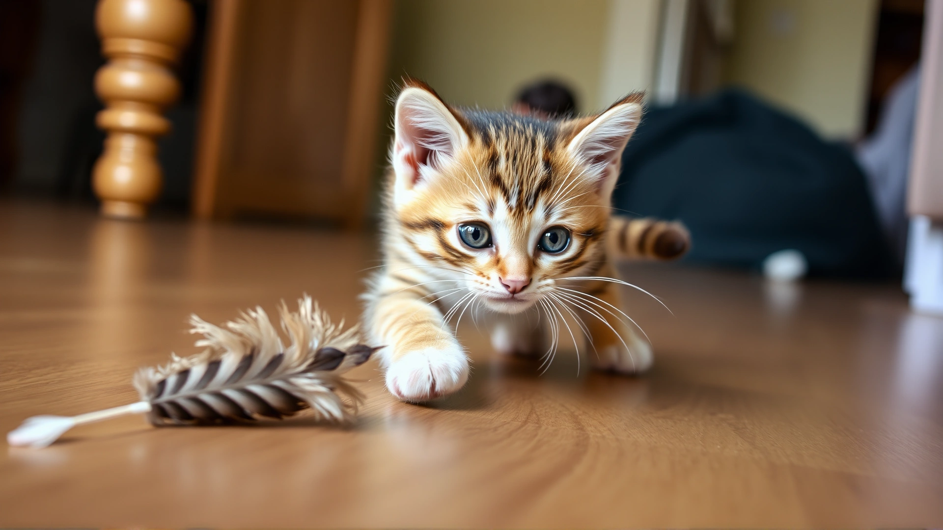 Playful kitten chasing a feather toy on a hardwood floor, motion blur conveying energy