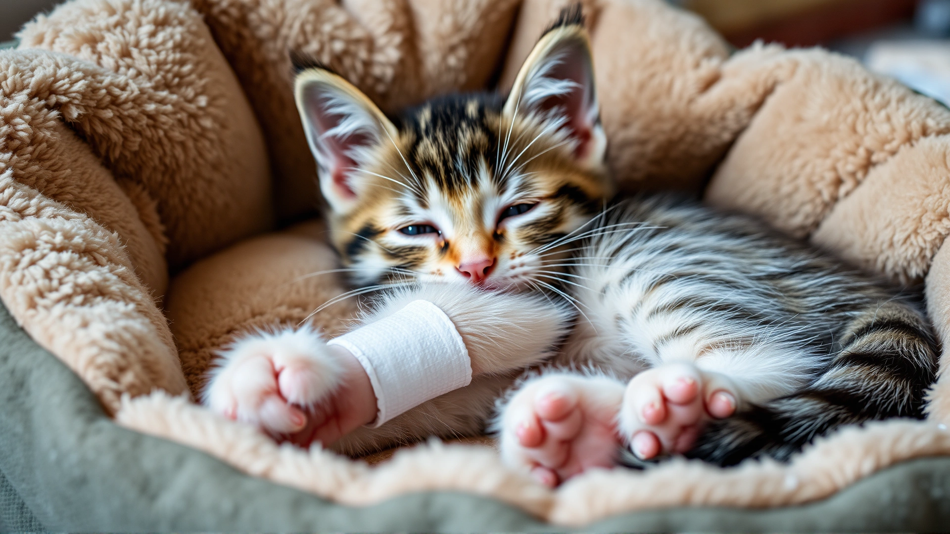 Kitten wearing a small bandage on its paw while resting in a soft pet bed, illustrating post-surgery recovery