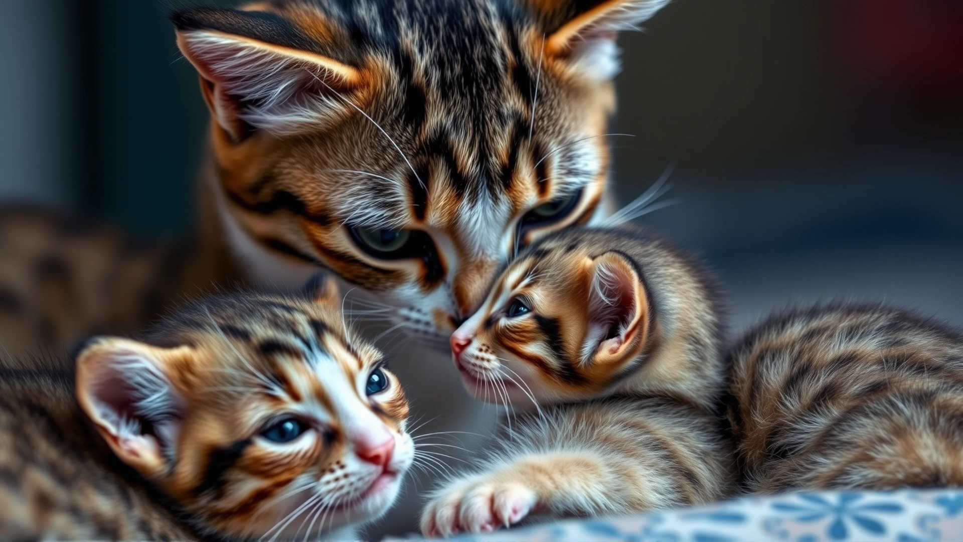 Tender image of a concerned-looking mother cat sniffing one of her small kittens, emphasizing protective maternal behavior.