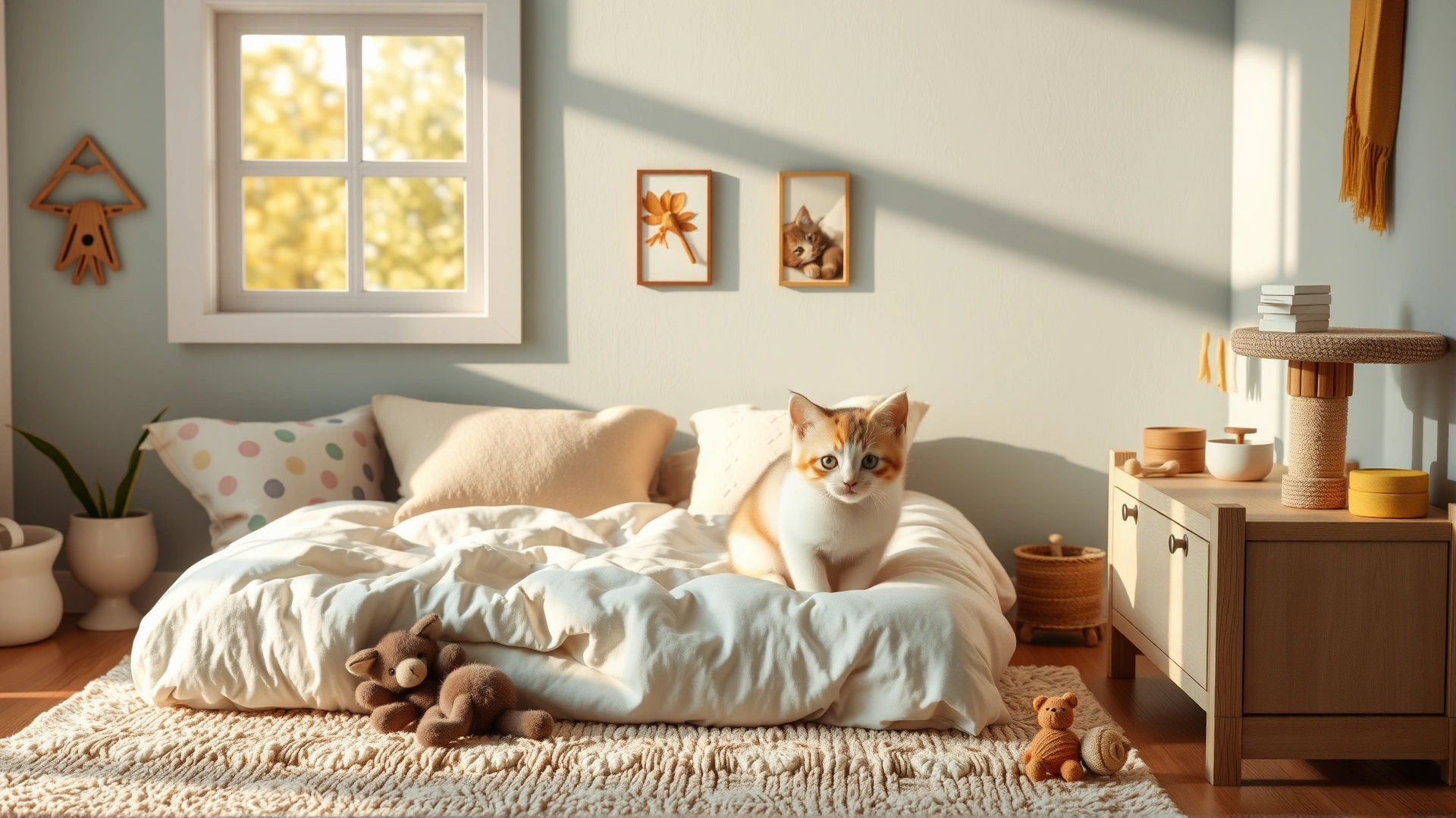A cozy kitten-safe room setup with soft bedding, toys, and a small climbing tree, warm afternoon lighting