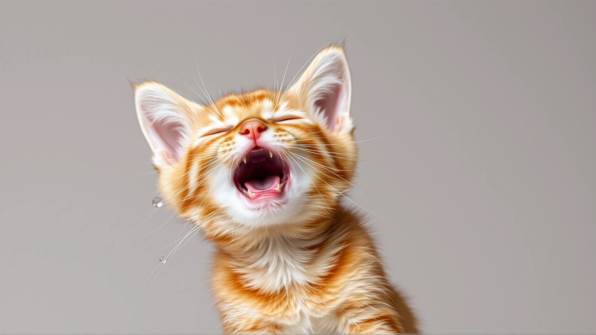 A small ginger kitten mid-sneeze with tiny droplets visible, set against a neutral background