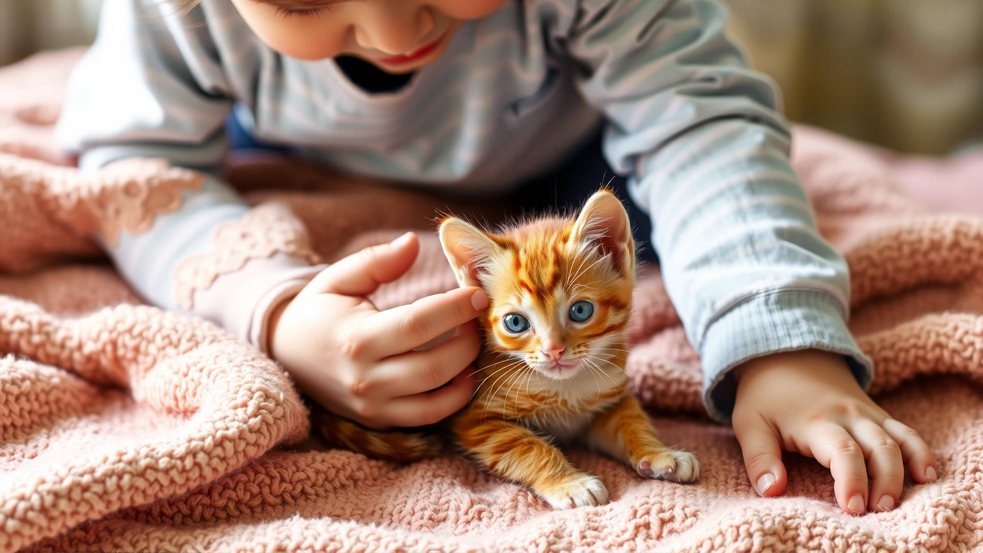 A young child gently petting a small orange kitten on a cozy blanket, illustrating early socialization, bright and cheerful lighting.