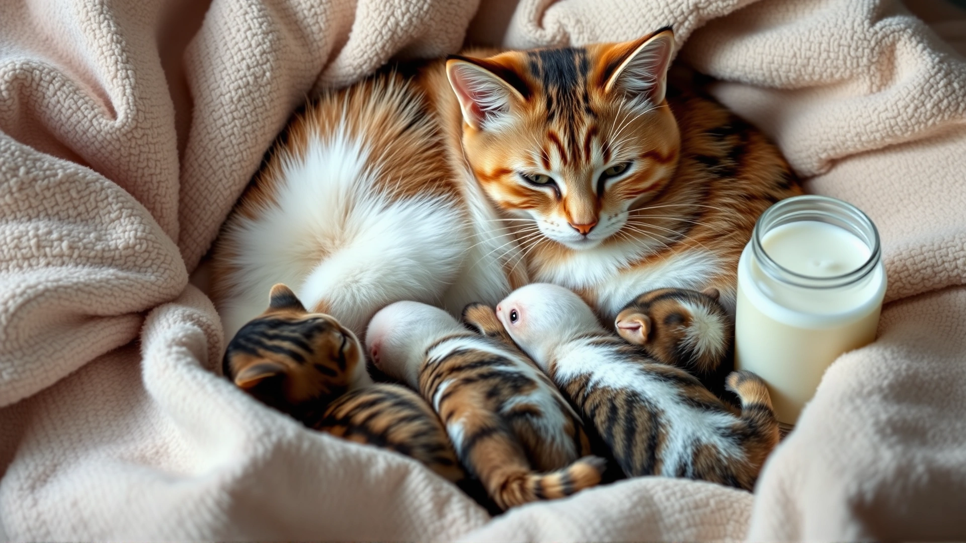 Illustrative photo of a nursing mother cat with her litter in a cozy bed, highlighting milk as a transmission source.