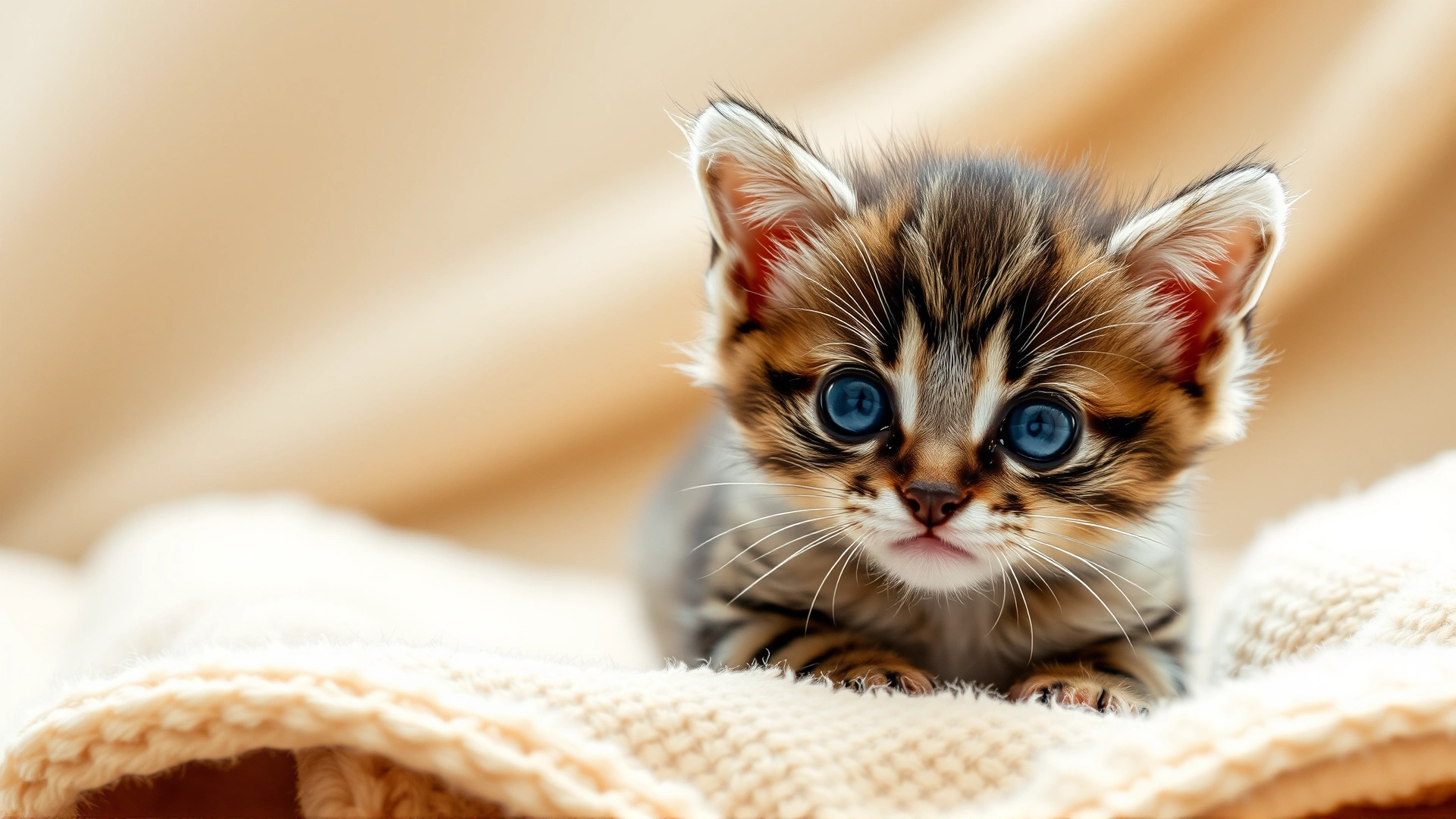 Young kitten sitting on a soft blanket looking curiously at the camera, conveying the early life stage