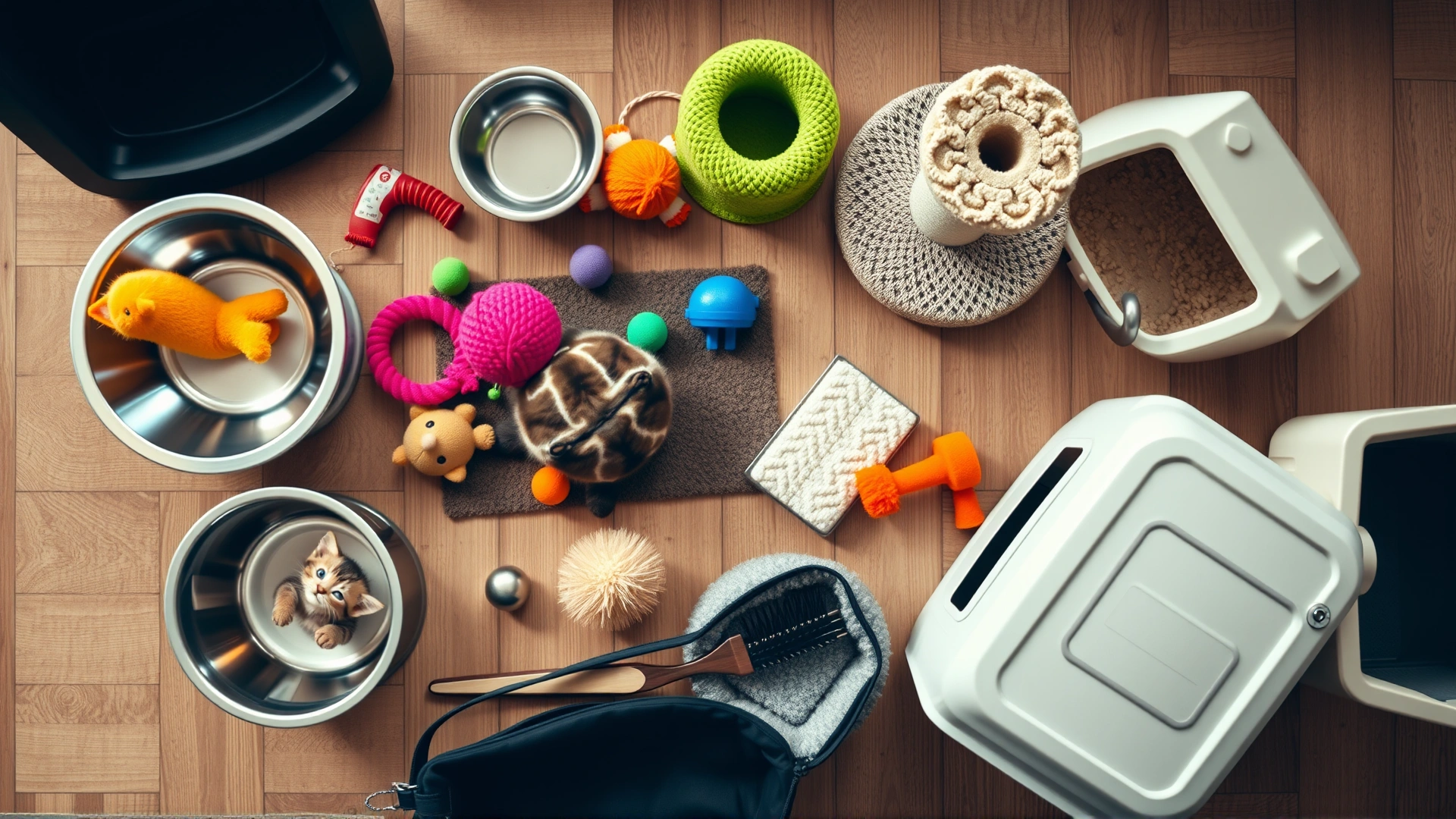 Top-down flat-lay shot of neatly arranged kitten supplies: stainless-steel bowls, colorful toys, scratching post, litter box, brush, and carrier on a wooden floor.
