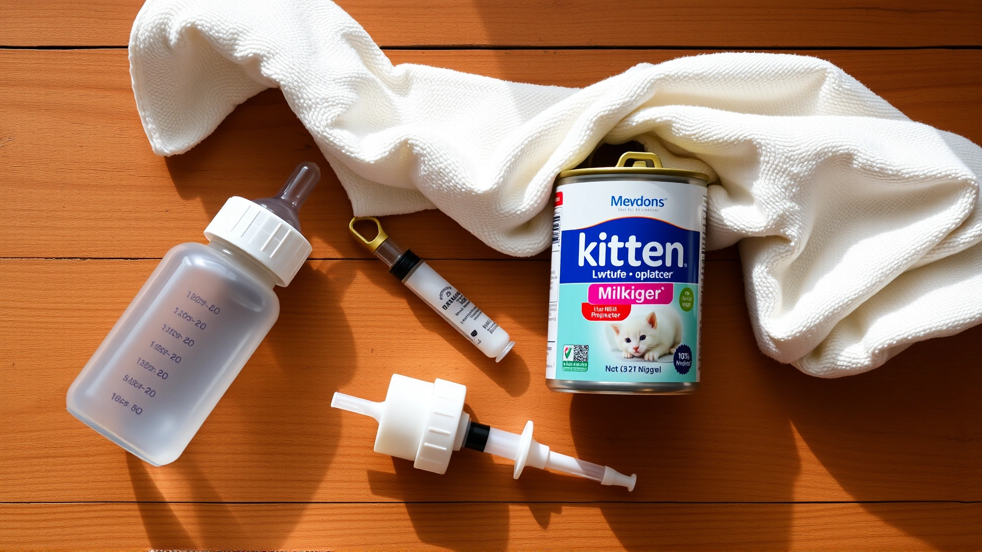 Flat lay of kitten bottle-feeding supplies: small feeding bottle, rubber nipple, syringe, can of kitten milk replacer and soft towel on a wooden surface, bright natural light.