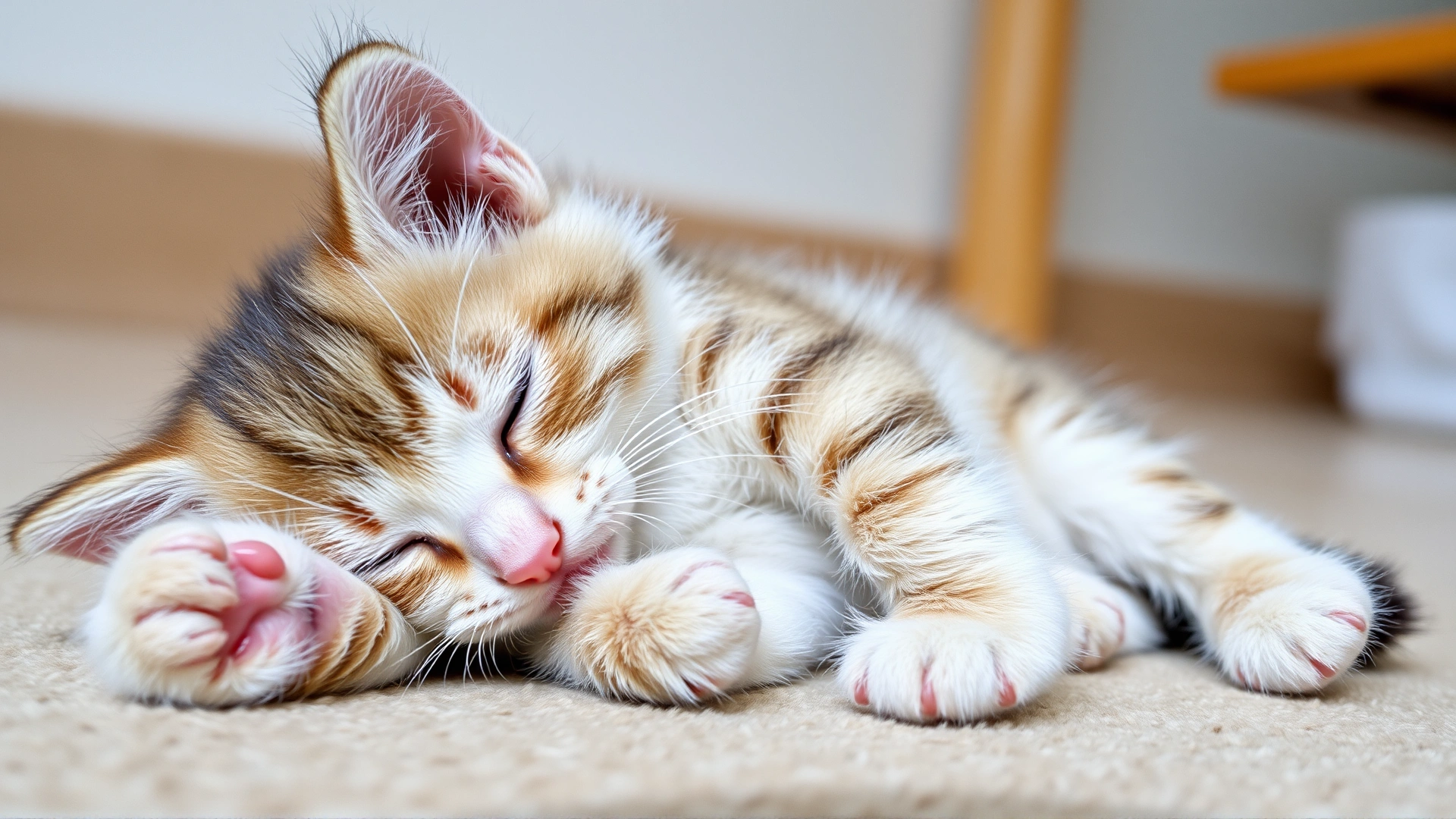 Small, sleepy kitten lying on its side showing signs of weakness, neutral indoor background