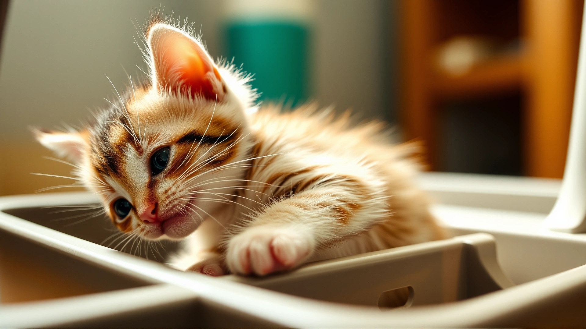 Close-up of a small kitten straining slightly in a litter box, capturing a subtle expression of discomfort, indoor lighting.