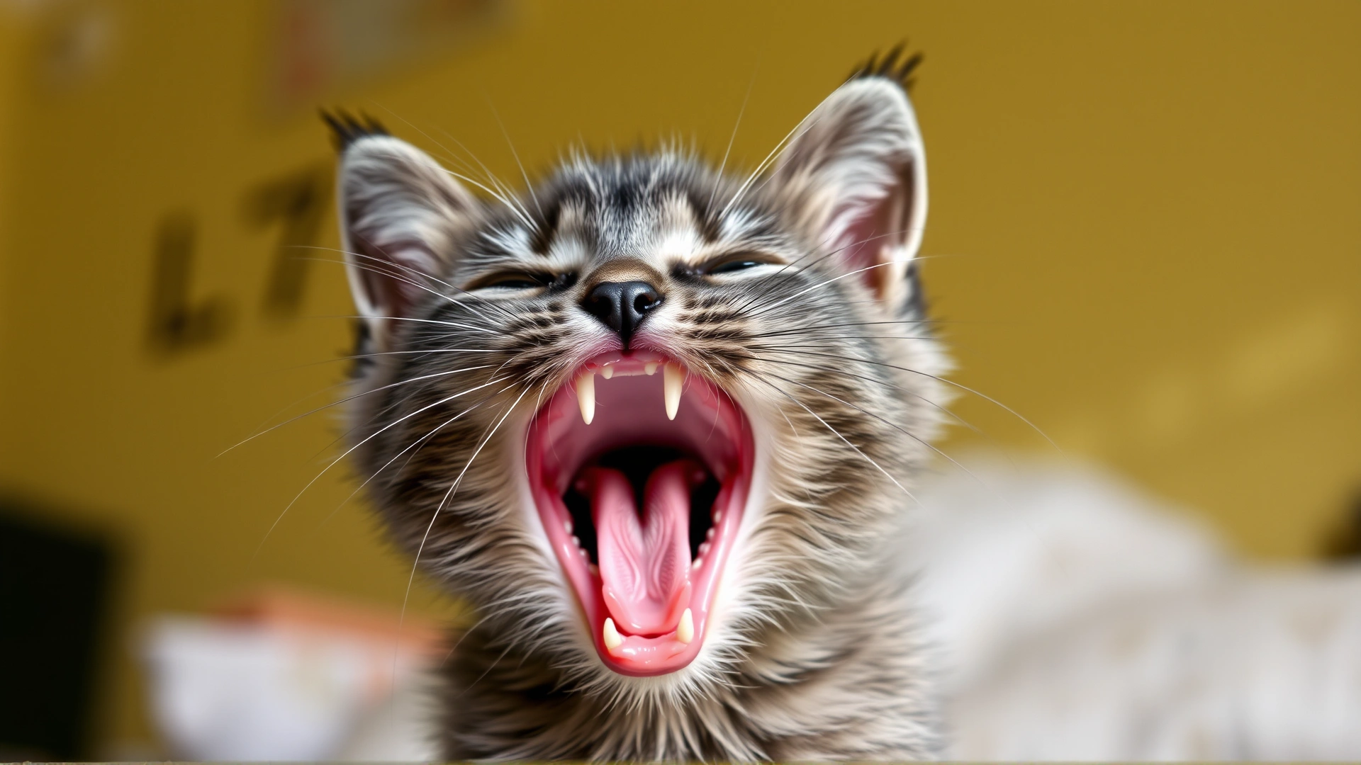 Cute gray kitten yawning widely, exposing tiny baby teeth, cozy indoor lighting