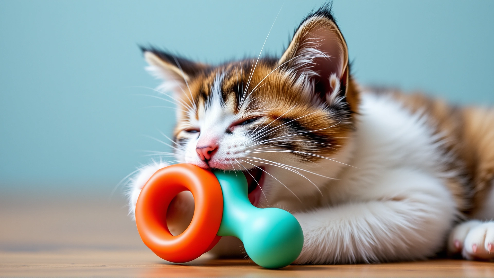 Playful kitten chewing on a silicone teething toy designed for pets