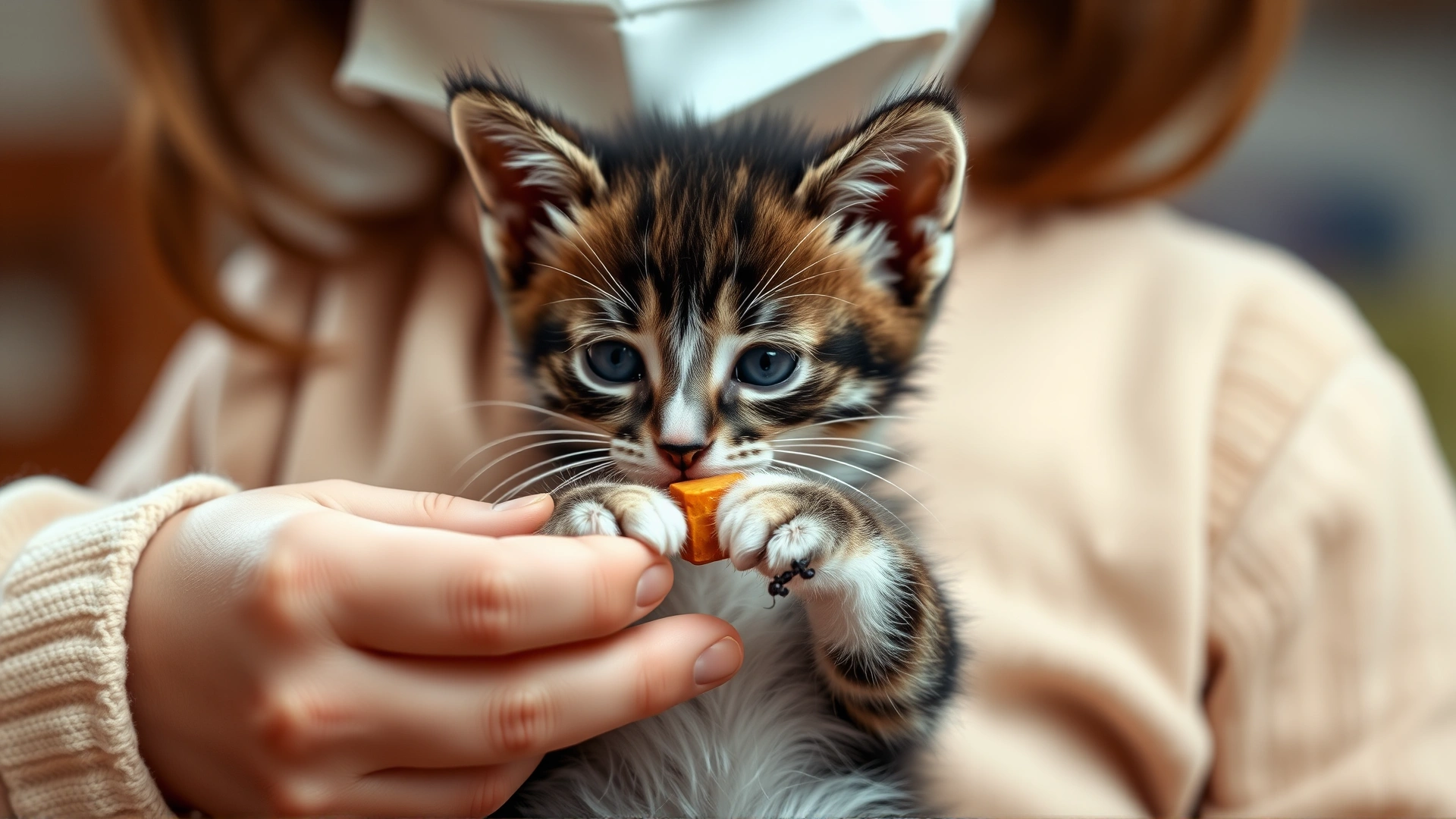 A child softly holding a tiny kitten against their chest while offering a treat, illustrating early socialization training, soft focus