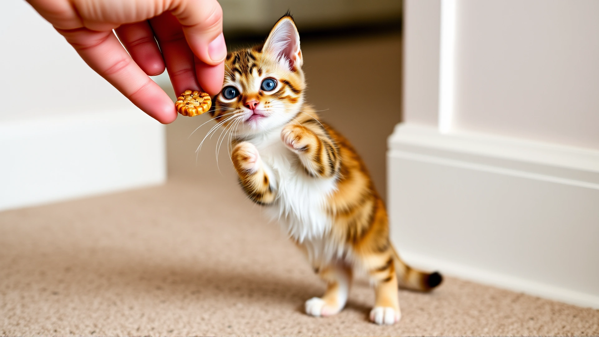 Kitten standing on hind legs reaching for a treat held by a human hand