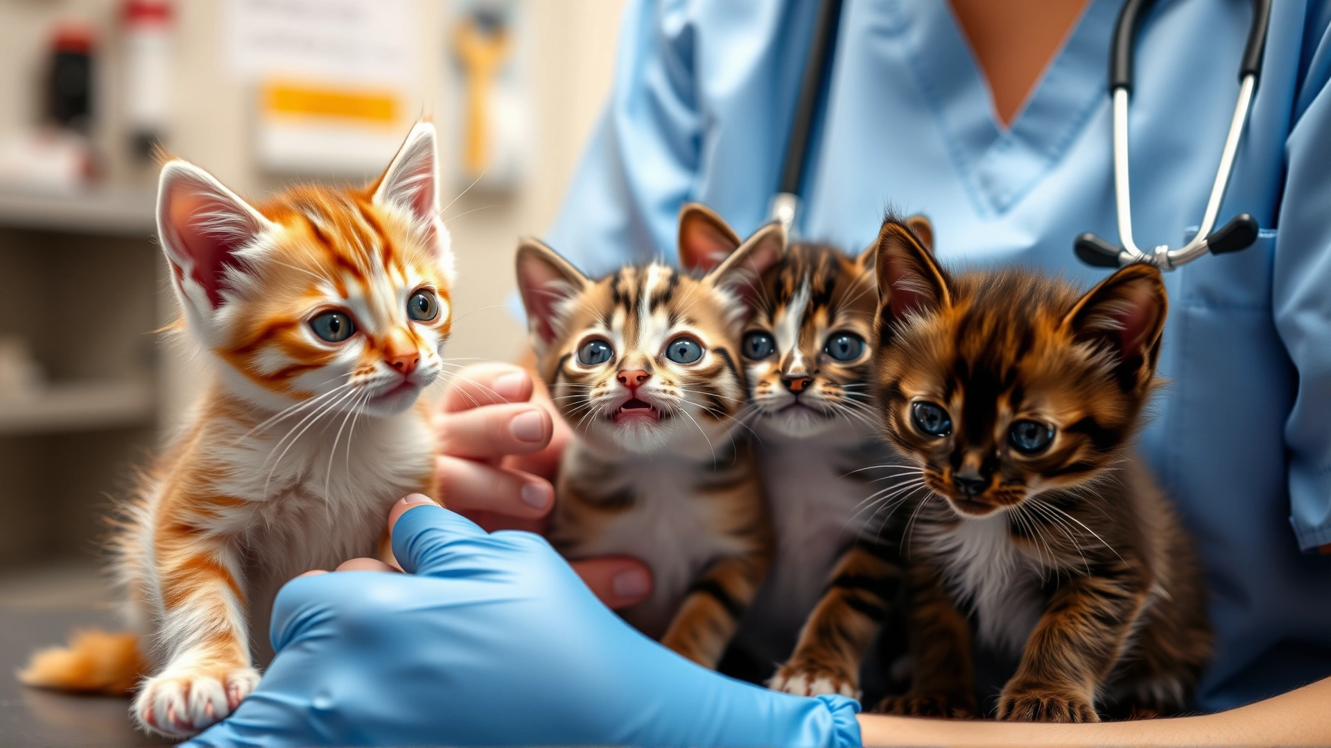 Three playful kittens at a veterinary clinic receiving gentle handling from a vet assistant, showcasing early-life rabies vaccination.