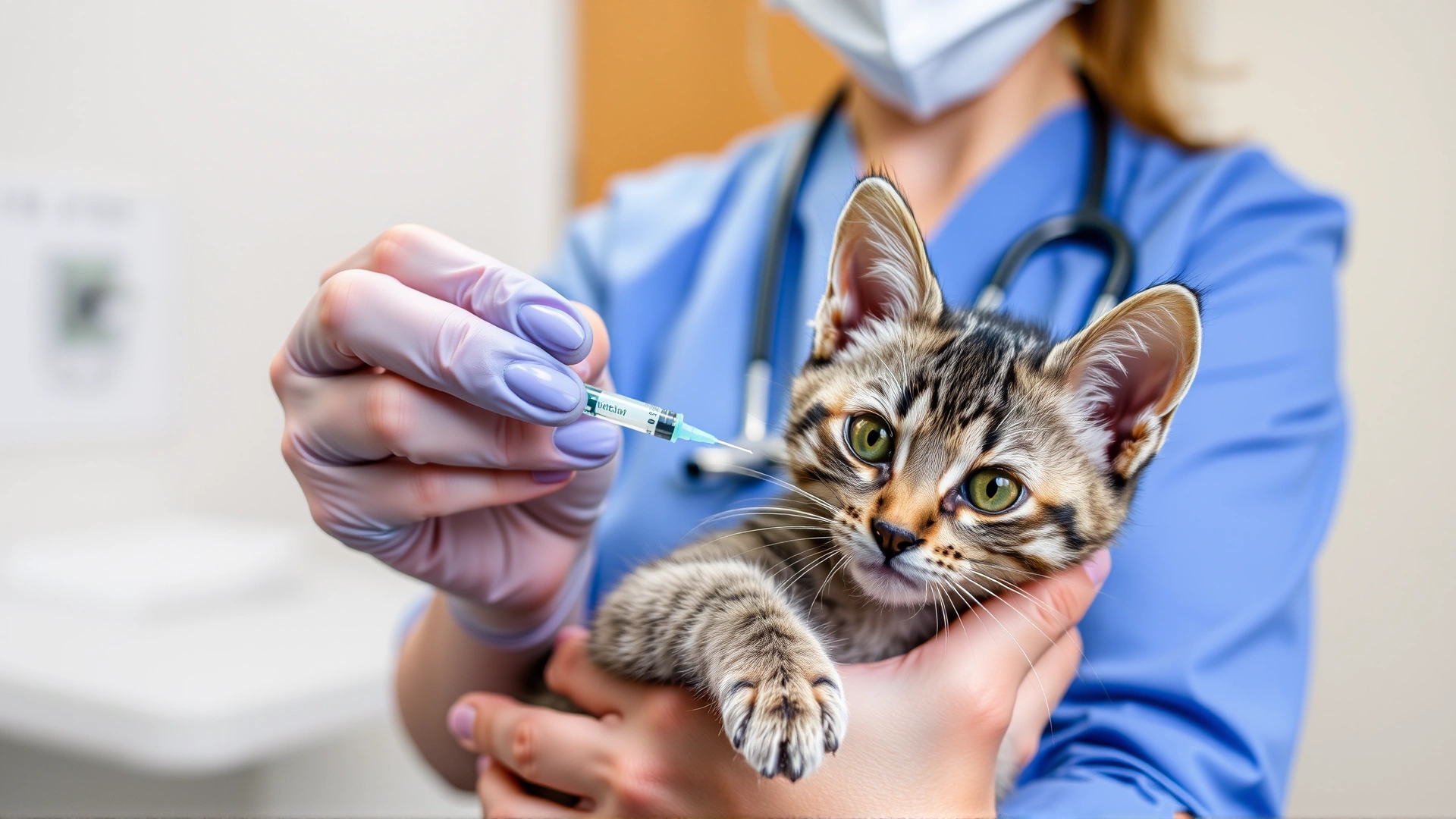 Playful grey tabby kitten being held by owner while a veterinarian prepares a syringe for vaccination, neutral clinic background