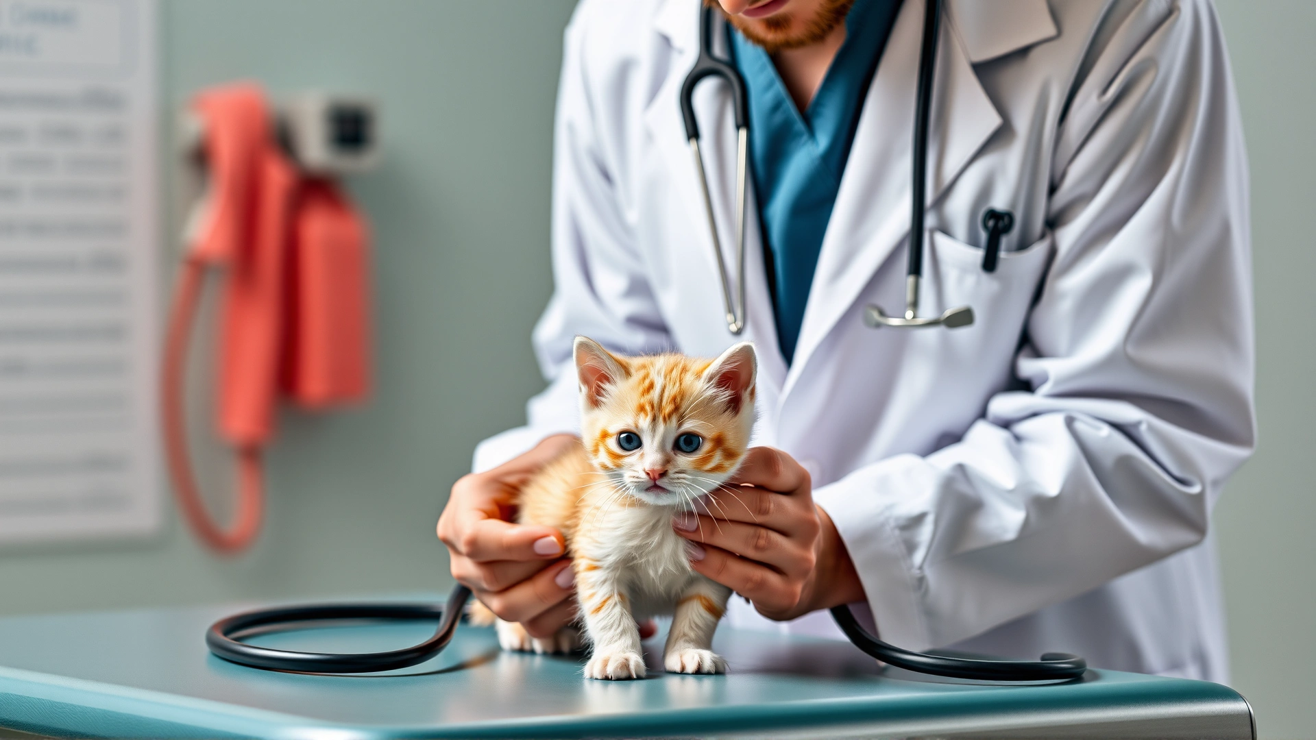 Veterinarian in a white coat examining a kitten on an exam table with a stethoscope, showcasing professional care