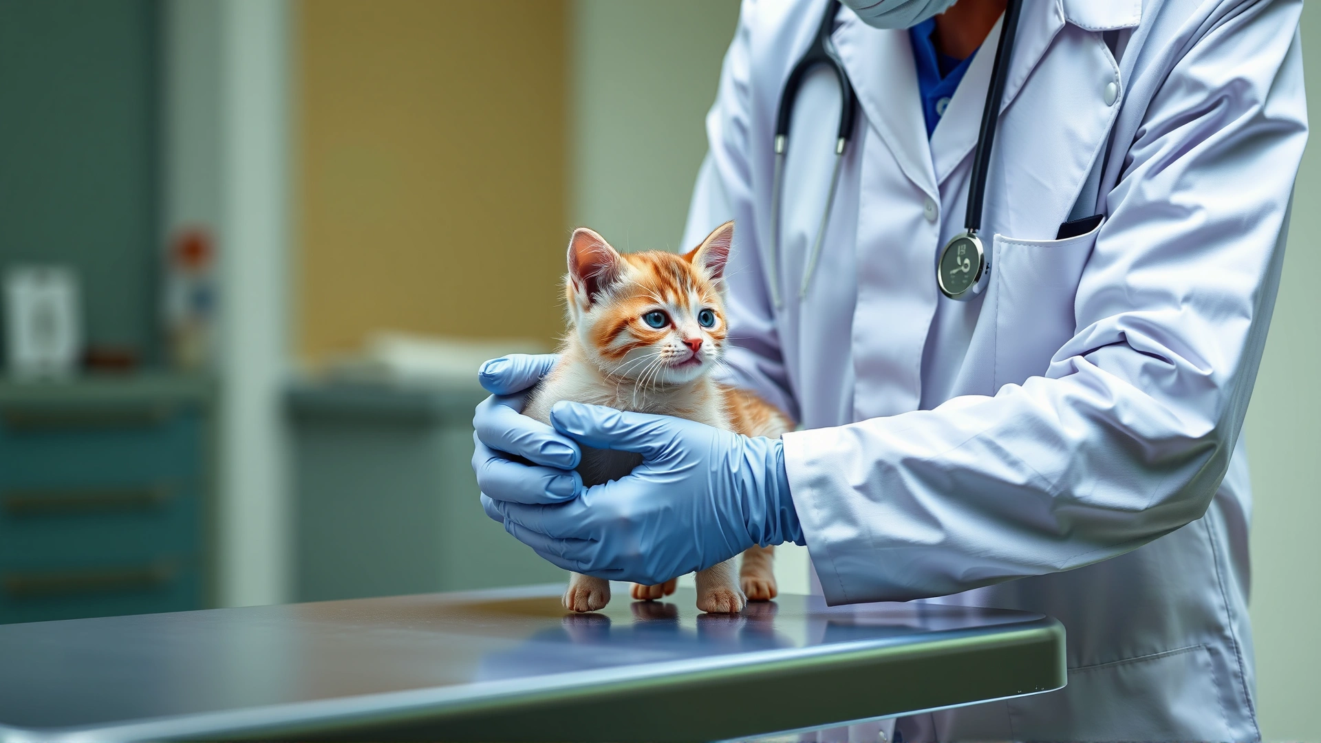Veterinarian gently examining a small kitten on the exam table, showcasing professional care environment