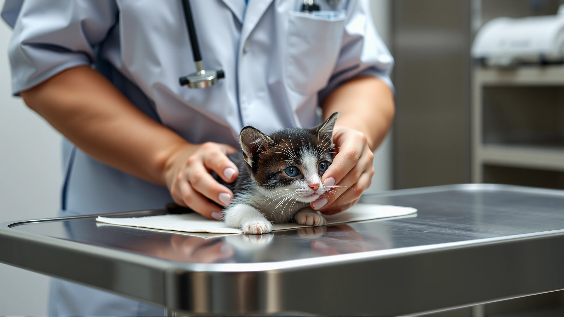 Veterinarian gently examining a tiny black-and-white kitten on a stainless steel exam table, stethoscope visible, clinical background slightly blurred.
