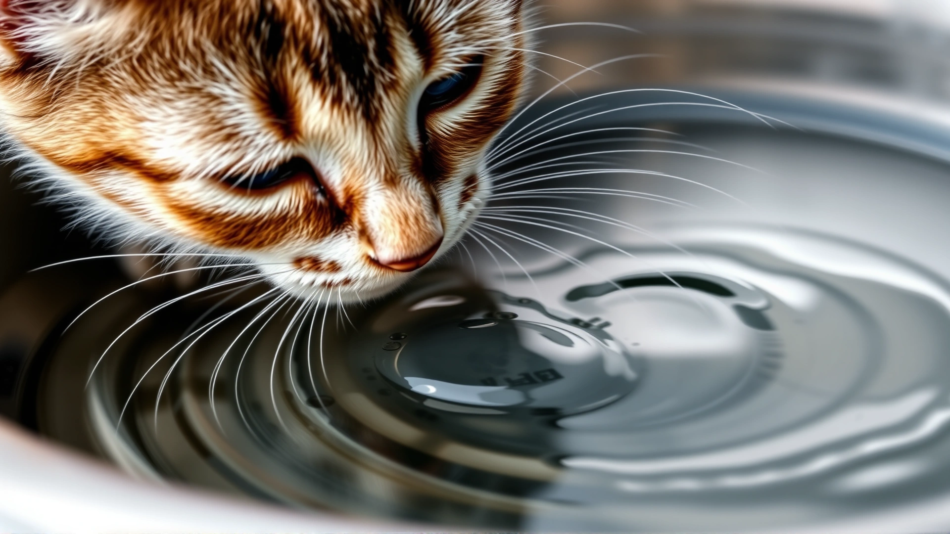 Close-up of a kitten drinking fresh water from a stainless-steel bowl, water ripples visible