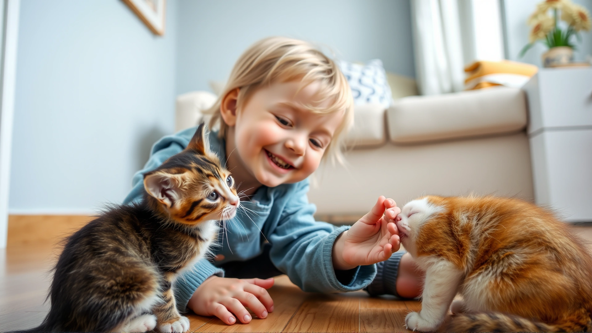 A smiling young child sitting on the floor allowing a curious kitten to sniff their hand, with an adult supervising in the background