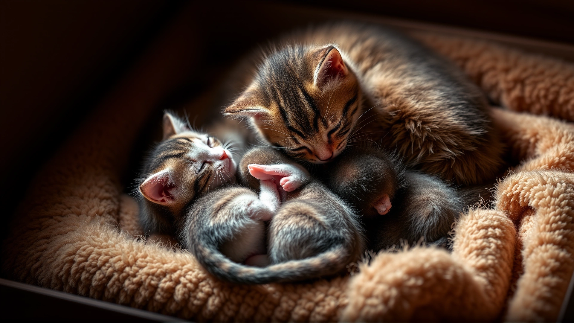 Newborn kittens nursing from their mother in a soft bedding box, warm ambient light, focus on bonding moment