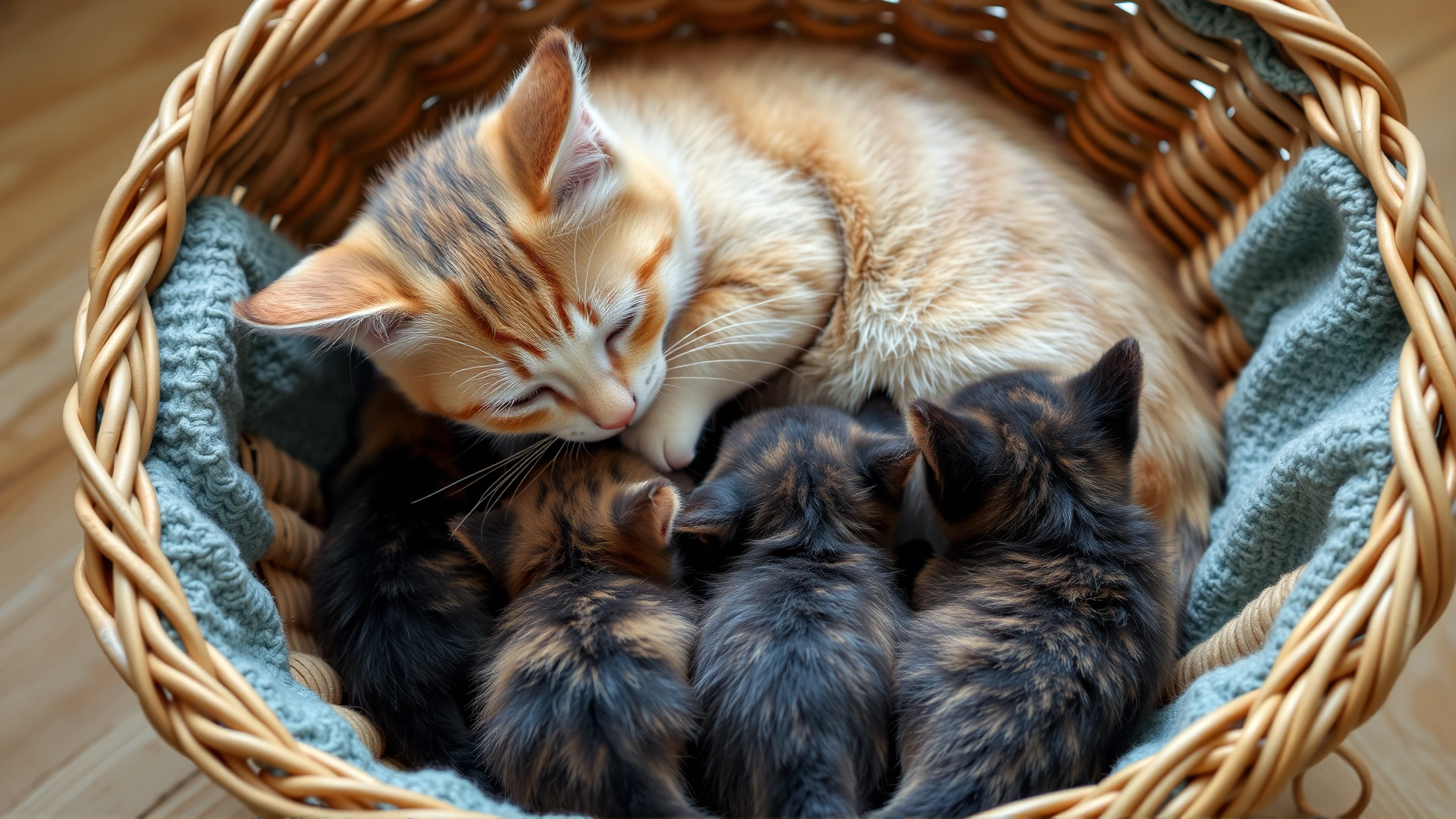 Mother cat grooming her kittens in a cozy basket, demonstrating kitten communication