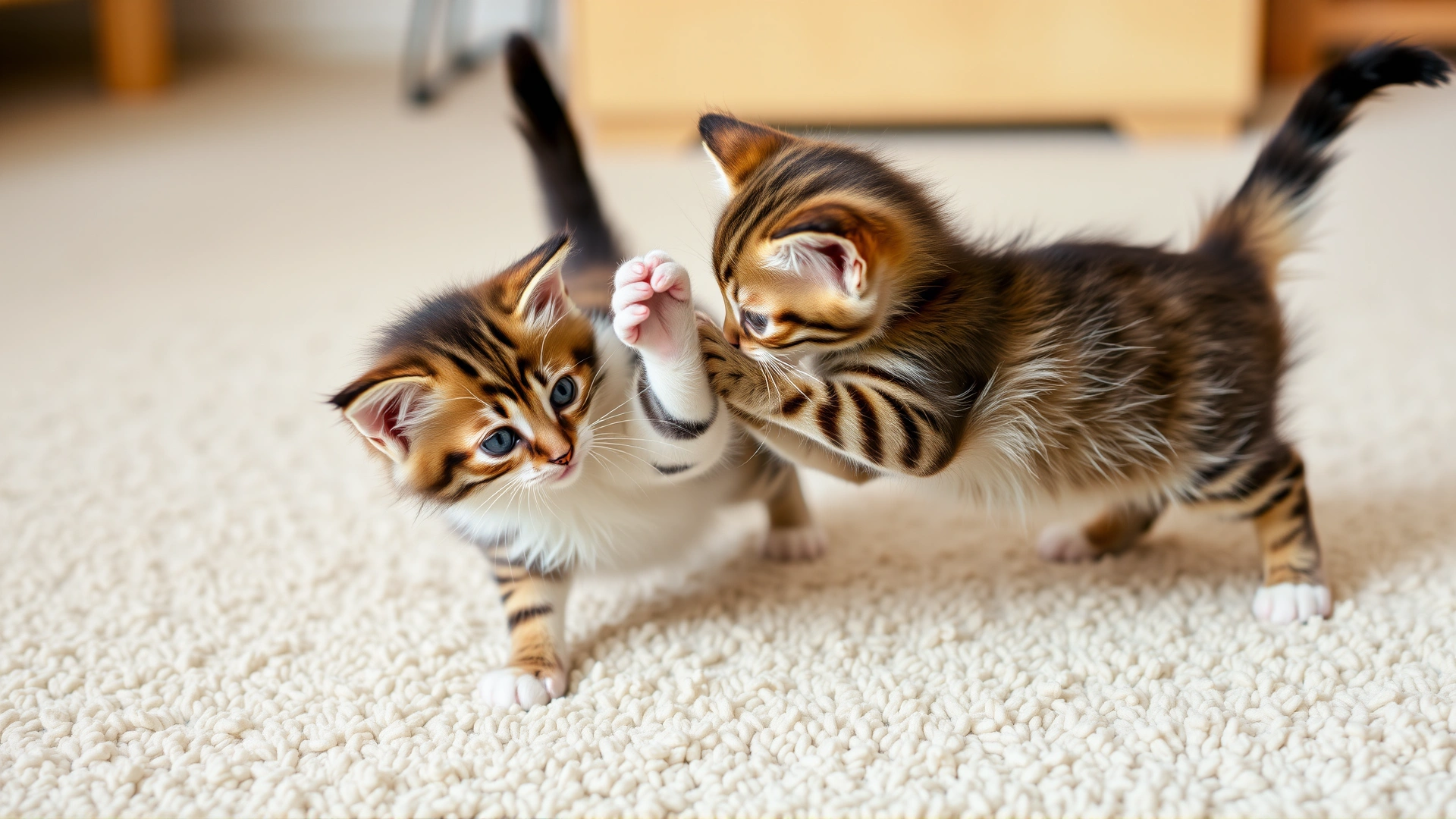 Two playful kittens on a soft carpet practicing bunny kicking with each other during playtime.