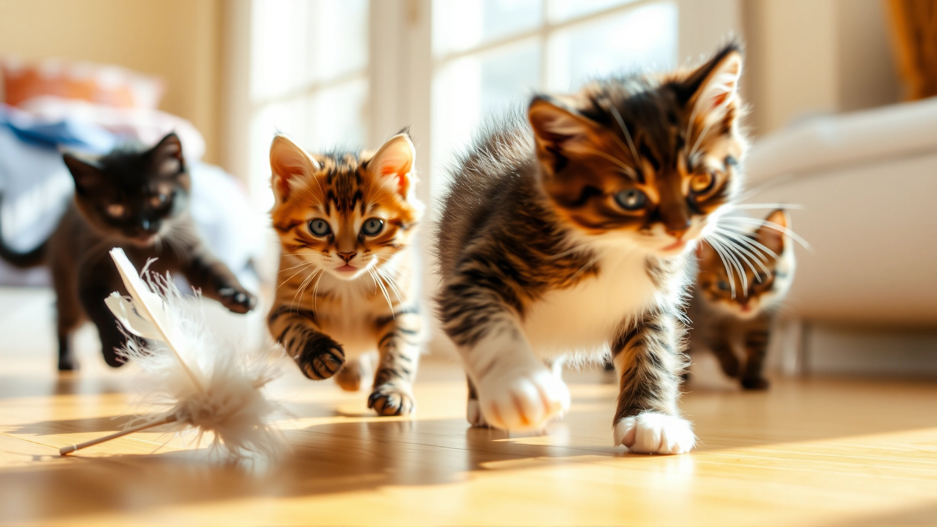 Several playful kittens chasing a feather toy in a sunlit room, motion blur minimal