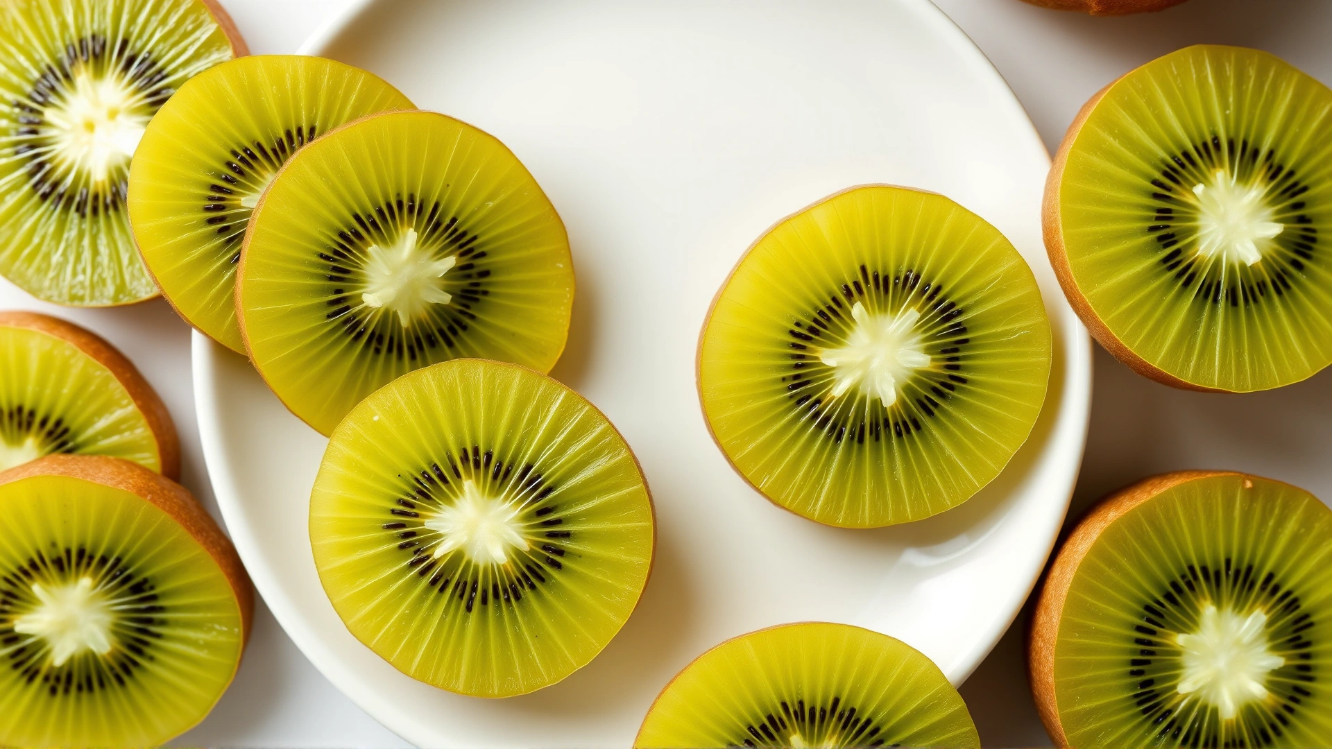 High-resolution overhead shot of freshly cut kiwi slices on a white ceramic plate, bright and appetizing, no text