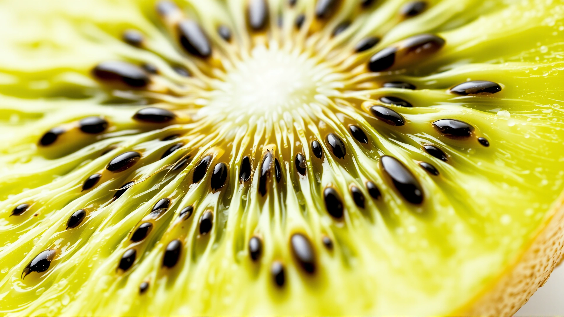 Macro shot of sliced kiwi fruit showing vibrant green flesh and black seeds on a clean white background, emphasizing nutritional detail