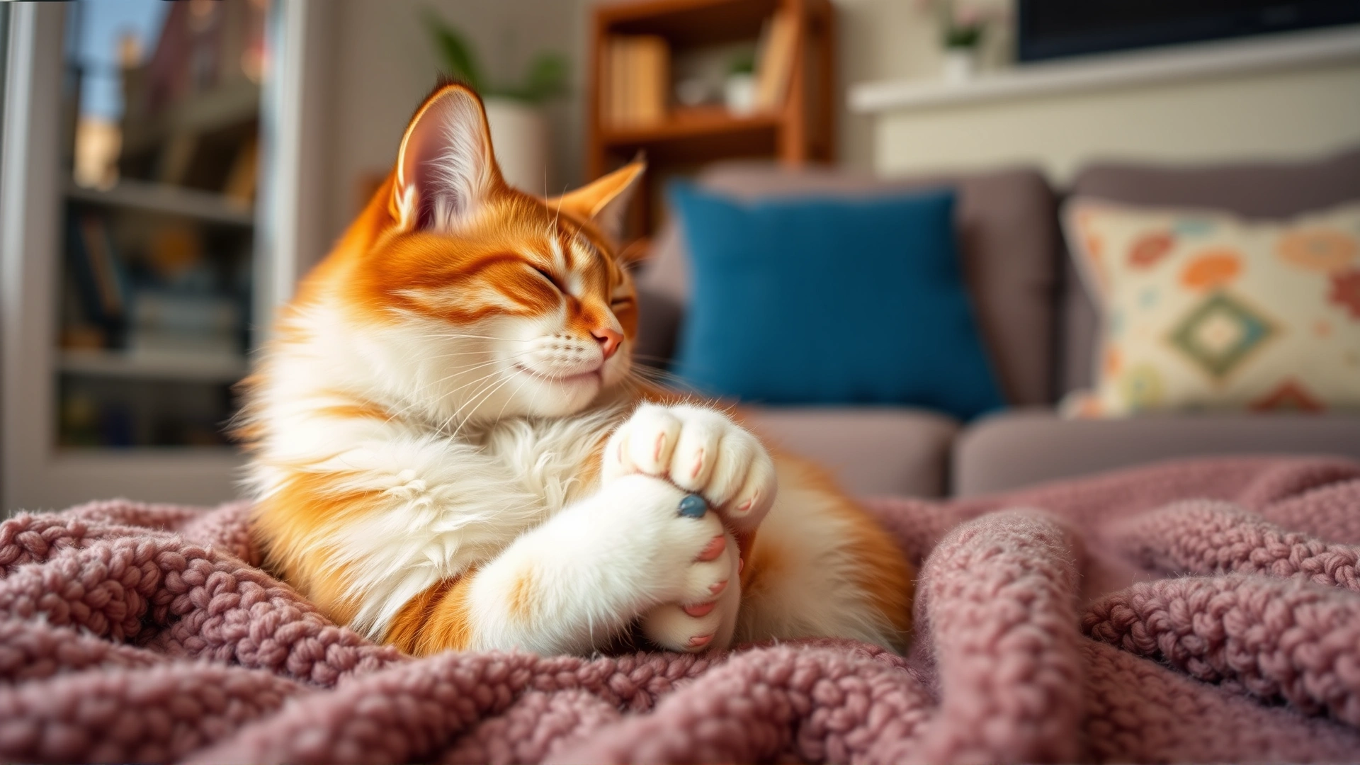 Cat kneading a soft blanket with front paws in a cozy living room