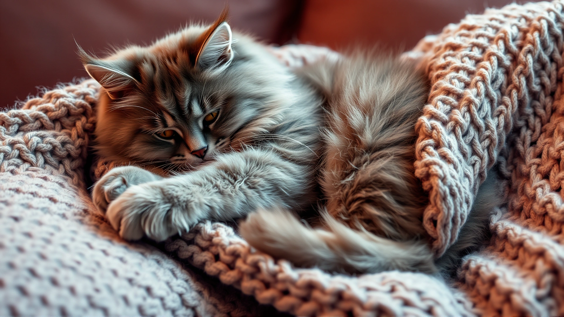 Gray fluffy cat contently kneading a soft knitted blanket on a couch, cozy warm tones