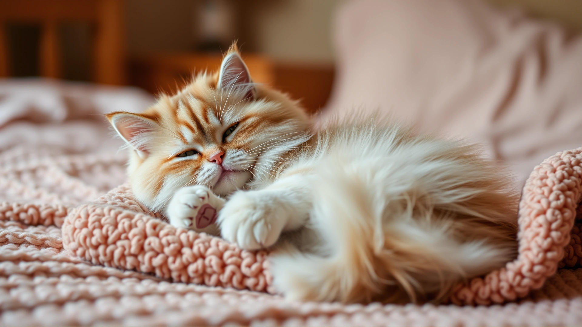 Fluffy cat kneading a plush blanket with front paws, cozy bedroom setting, warm tones.
