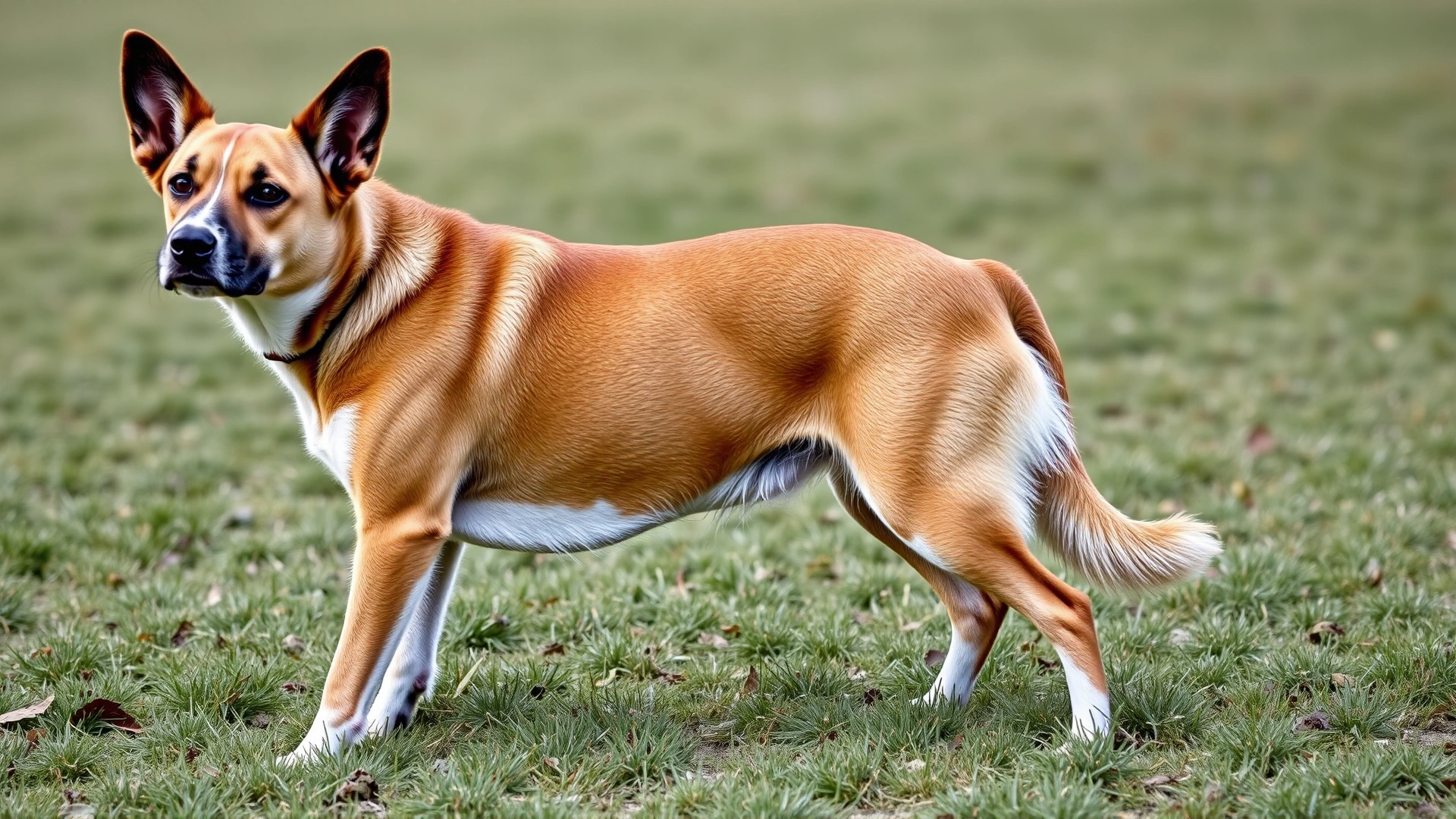 Dog standing on grass wearing a black neoprene knee brace, looking comfortable and alert.