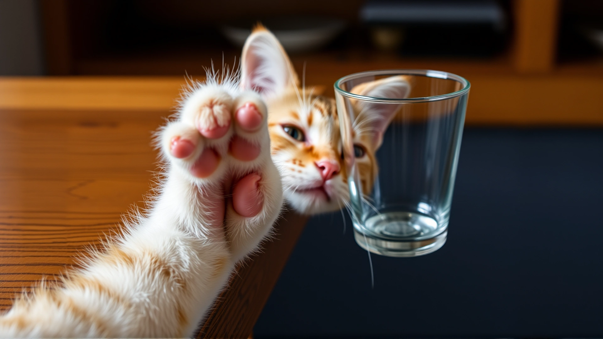Cat's paw gently pushing a glass cup off the edge of a wooden table, frozen mid-action.