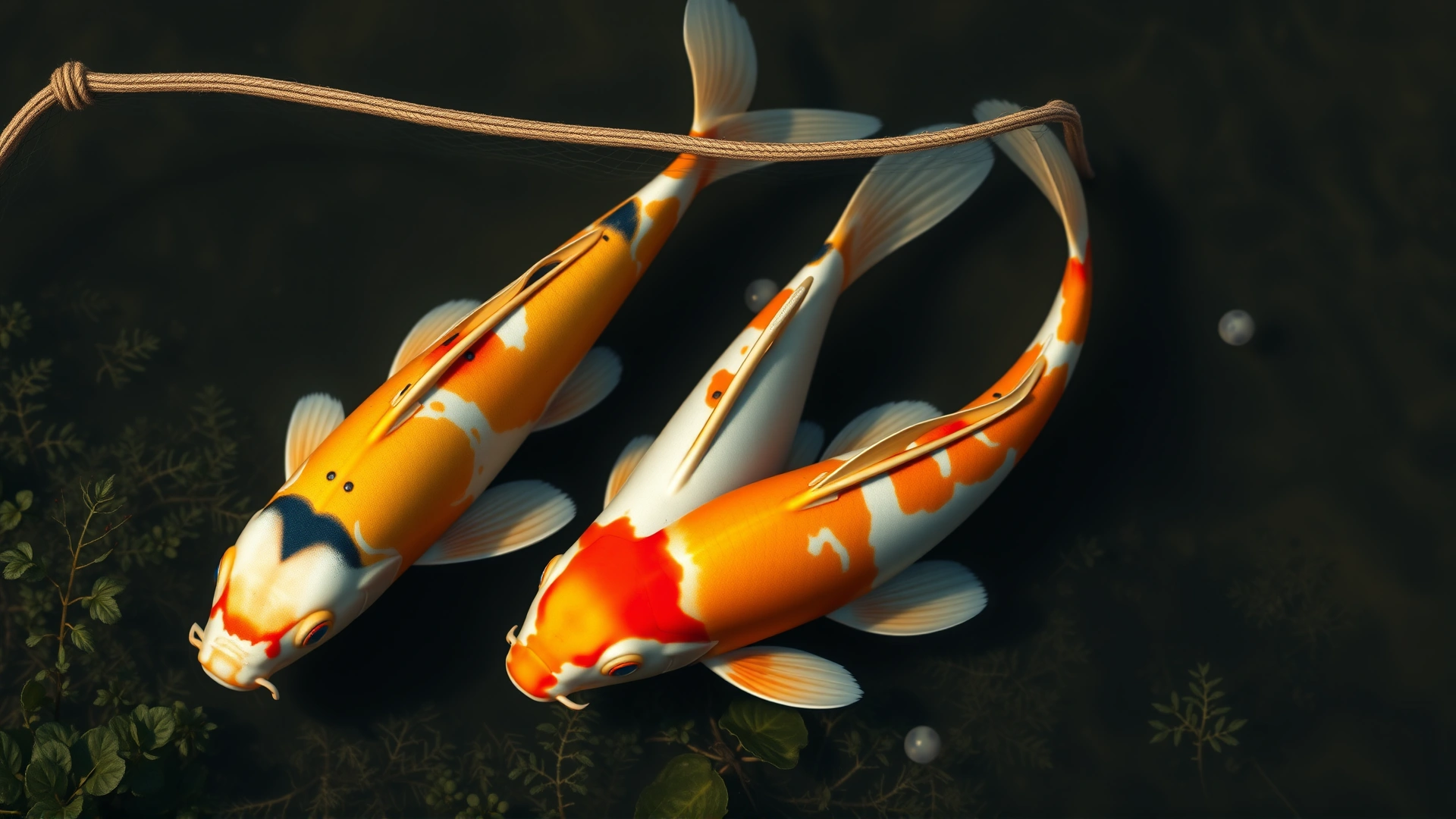 Male and female koi fish in shallow spawning nets with eggs visible on aquatic vegetation.