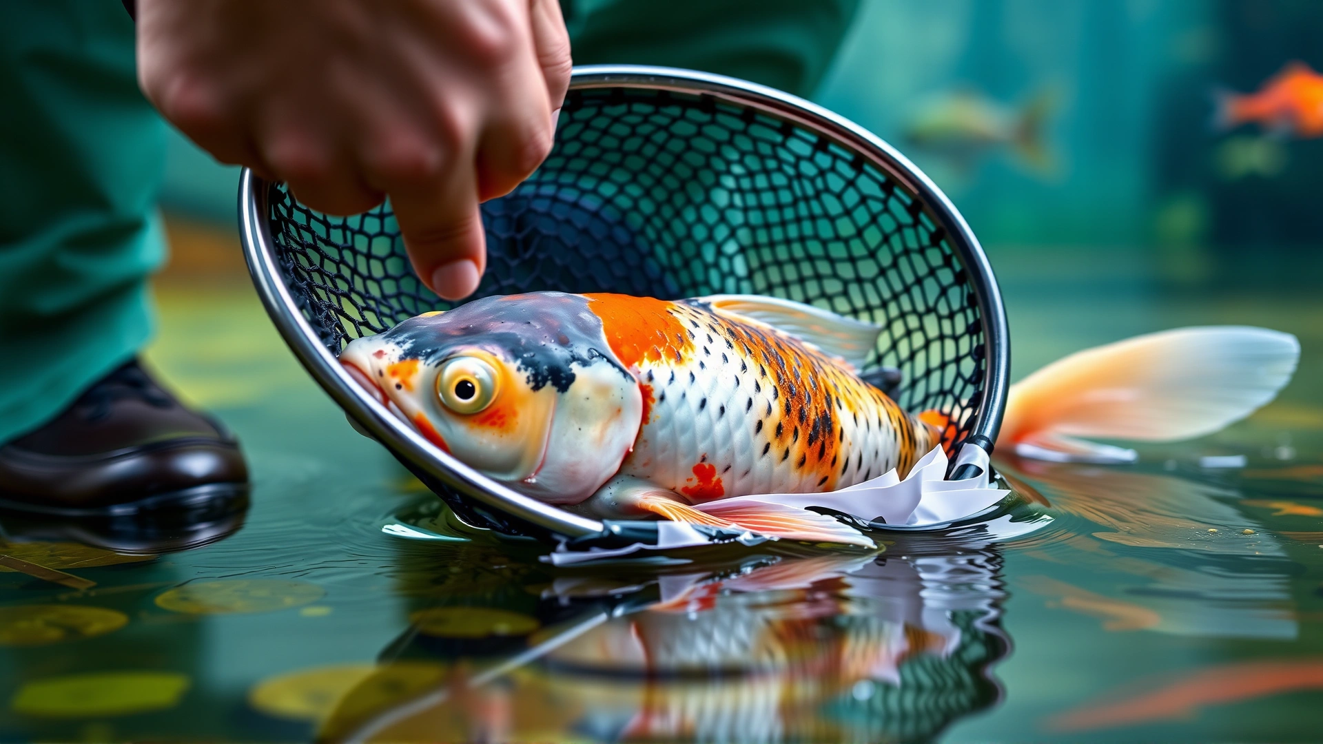 Aquarist gently netting a koi fish to inspect its scales and gills for health check.