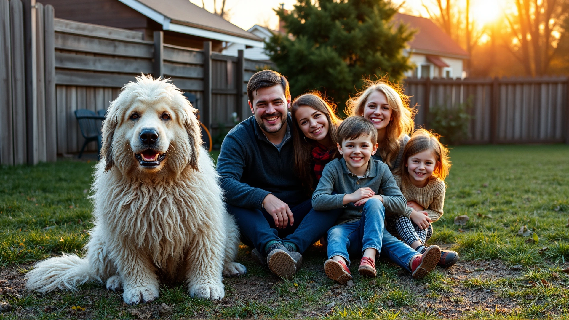 Komondor sitting calmly next to a smiling family (two parents and two children) in a fenced backyard during golden hour, friendly atmosphere