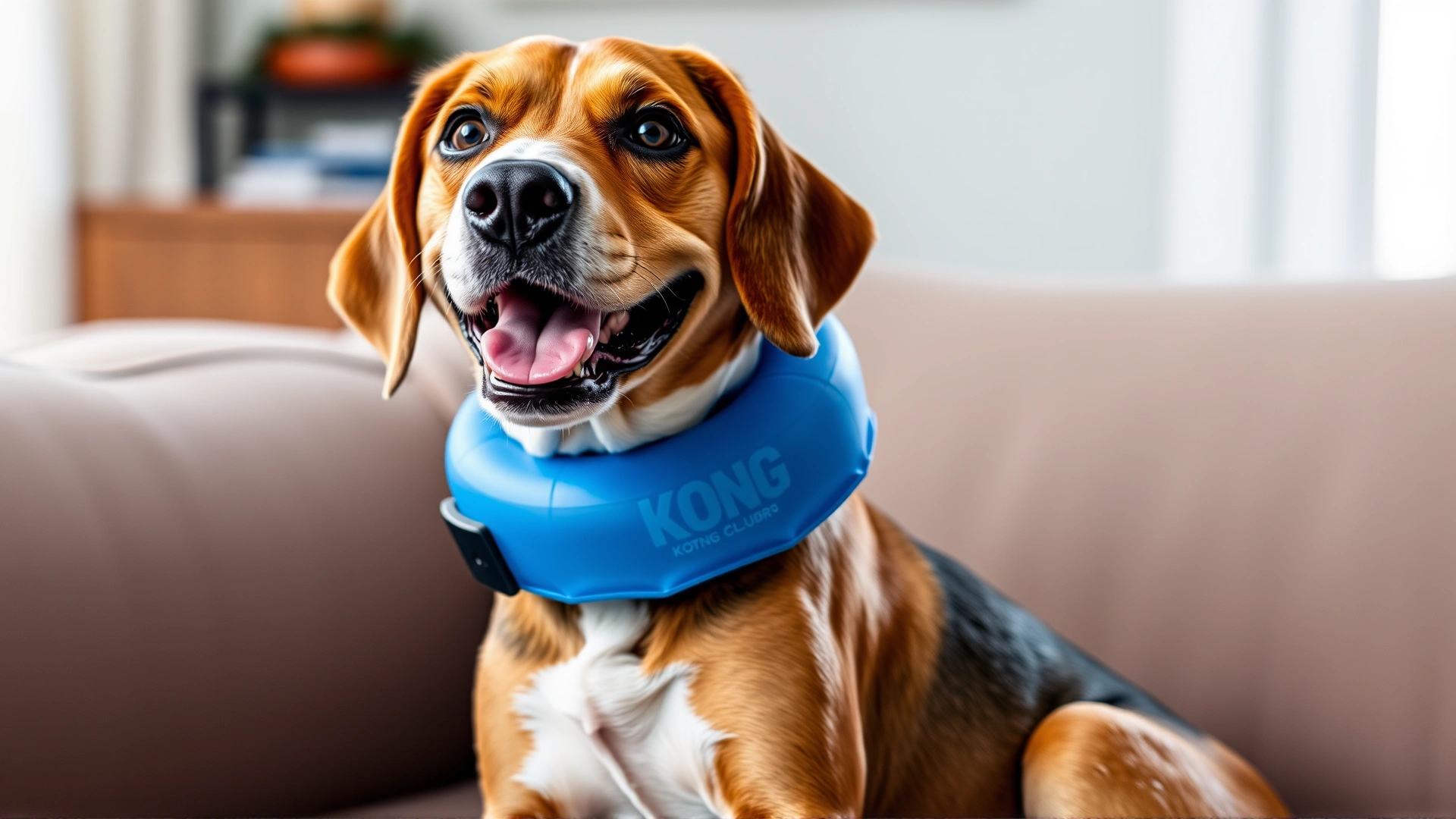 Smiling beagle sitting on a couch wearing a blue KONG Cloud inflatable recovery collar