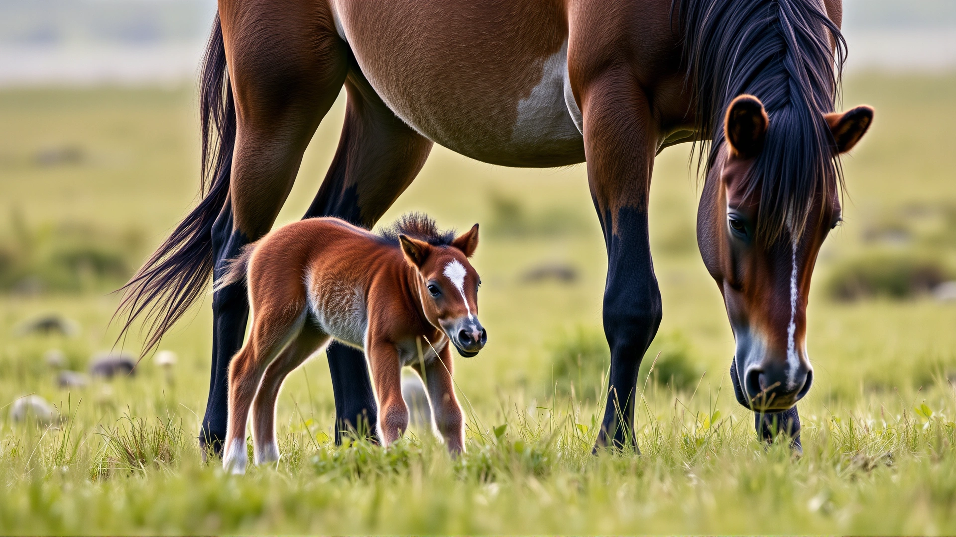 Konik mare nuzzling her newborn foal in a grassy field, capturing tender interaction.