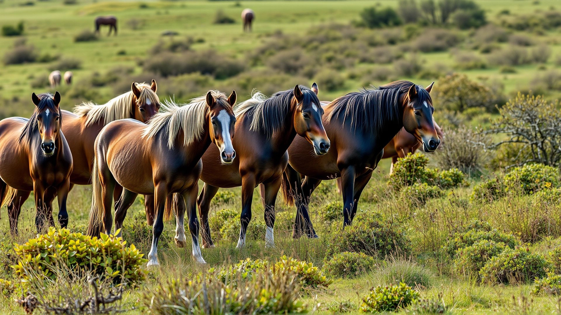 Small herd of Konik horses grazing in a rewilded European nature reserve, diverse vegetation visible.