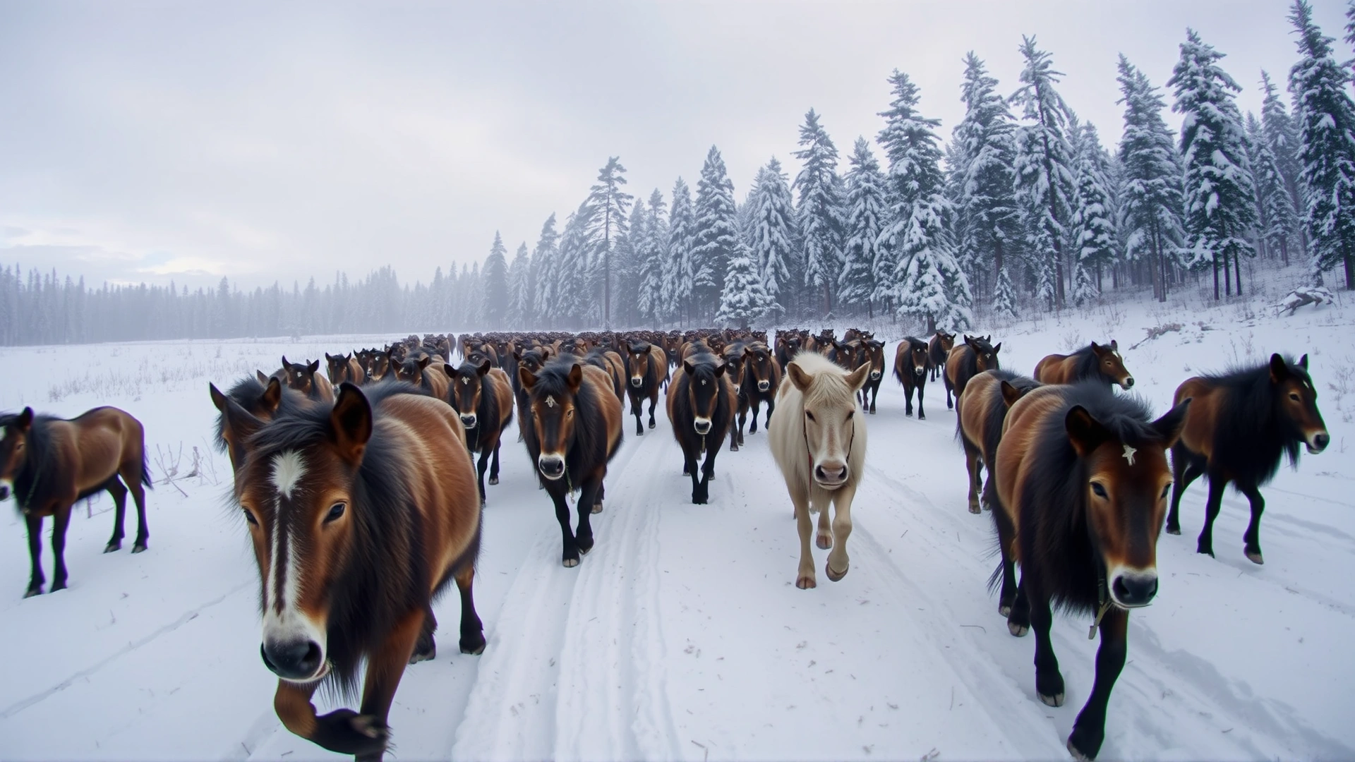 Panoramic view of a large Konik herd trekking through a snowy forest clearing, showcasing hardiness.