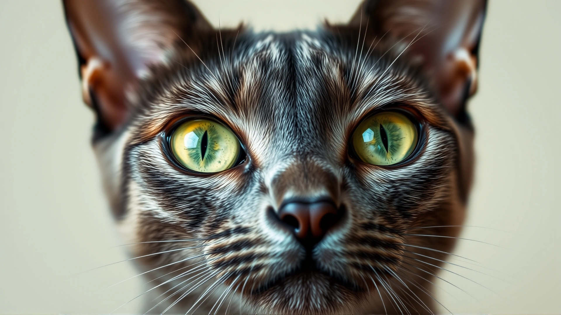 Extreme close-up shot of a Korat cat's striking peridot-green eyes and heart-shaped face, neutral background