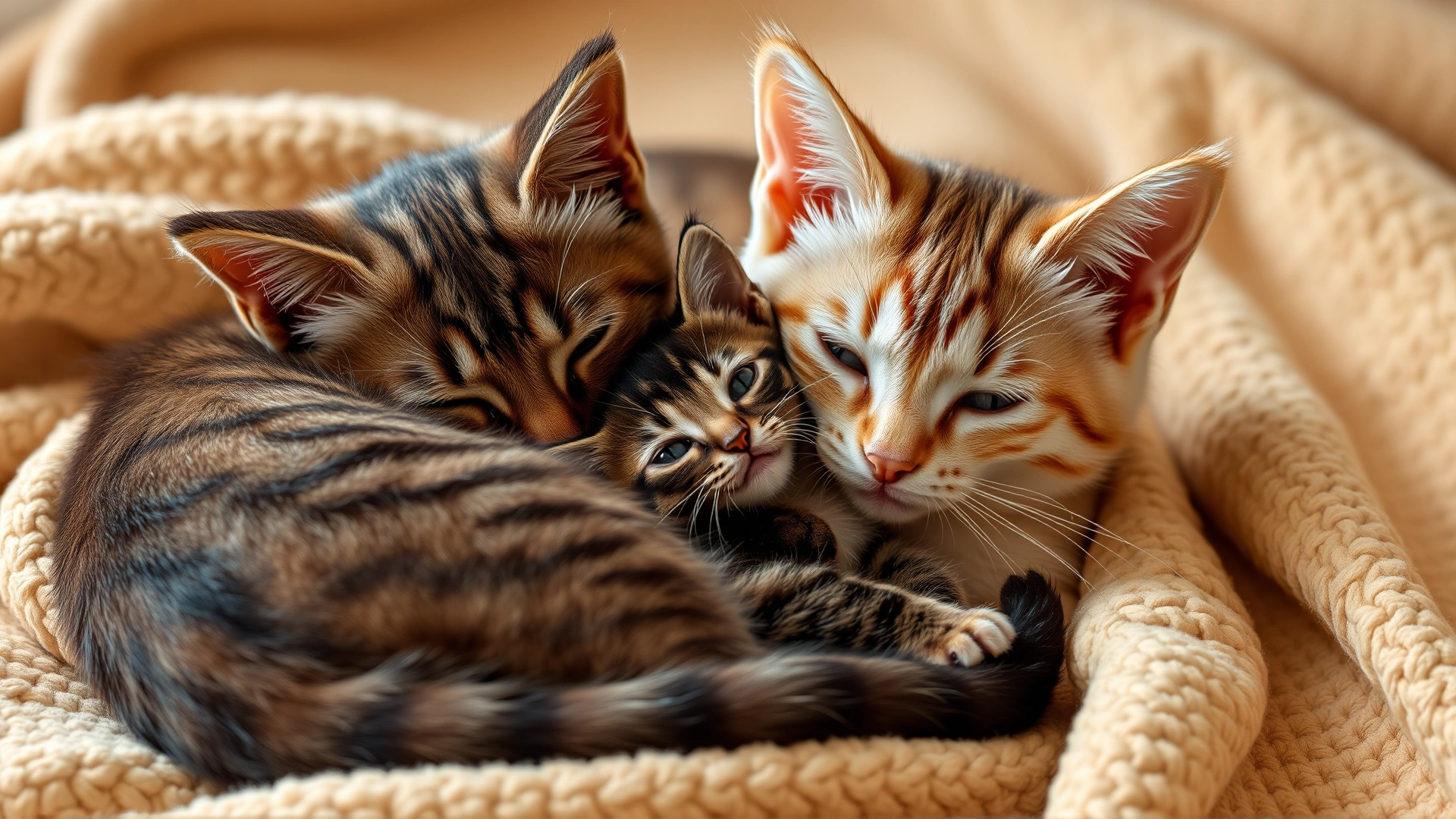 Two adult Korat cats cuddling with a playful kitten on a cozy beige blanket